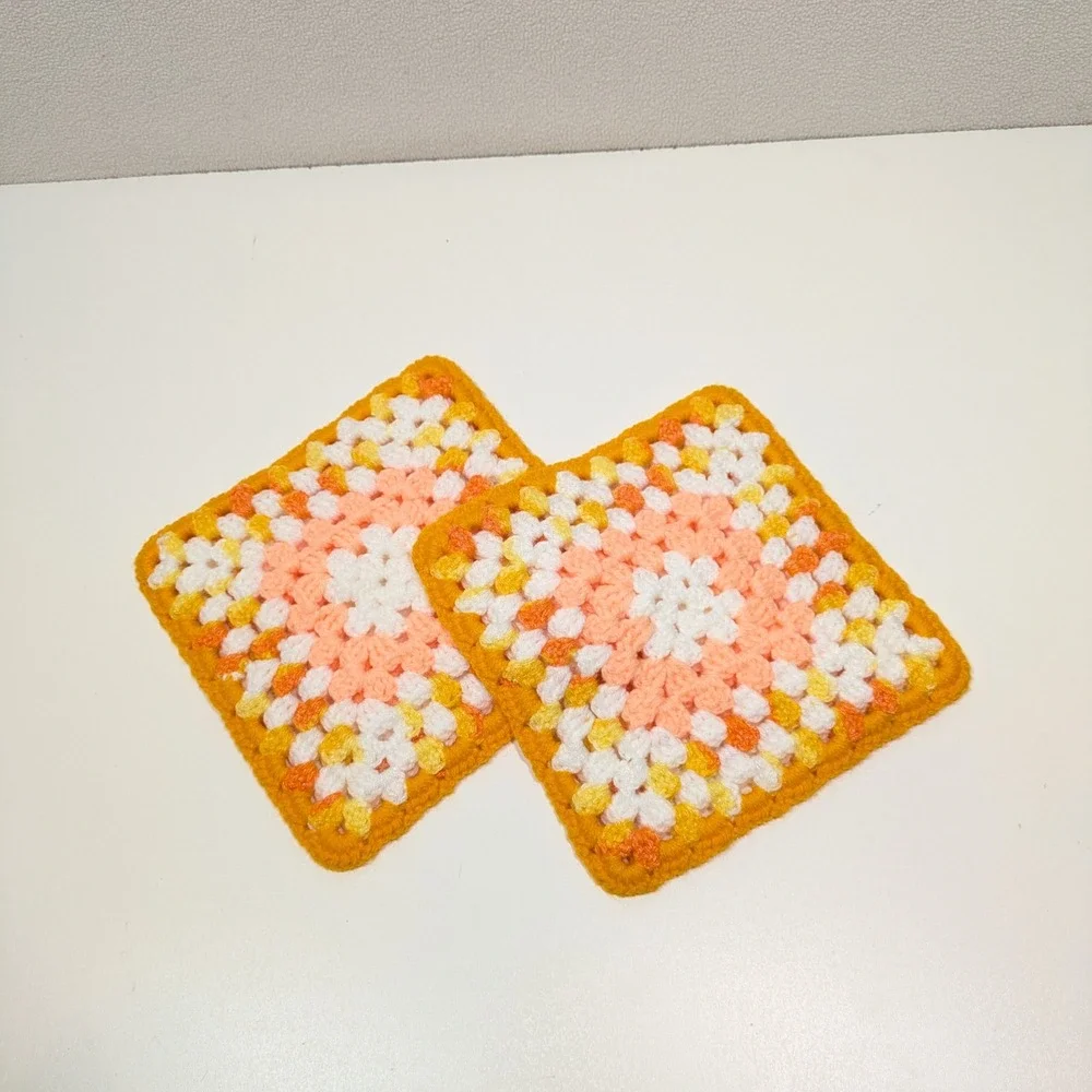 Retro Crochet Granny Square Potholders Set 2 Orange Peach 70s Kitchen Hot Pads